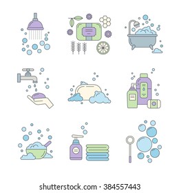 Collection of soap icons for soap shop, handmade soap products. Bathroom elements.  Vector symbols for soap manufacturing industry. 