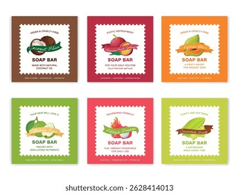 A collection of soap labels with natural, tropical ingredients for daily skin care