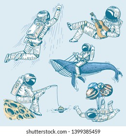 Collection soaring spaceman. Set of Astronauts in space.  