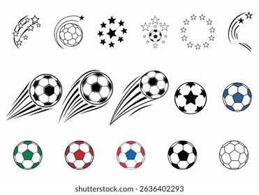 Collection of soccer ball and star icon illustrations representing sports and championship events