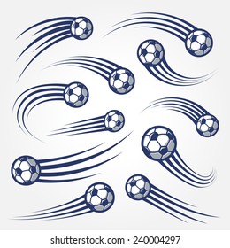 Collection of soccer balls with curved motion trails vector illustrations