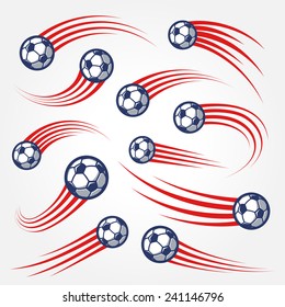 Collection of soccer balls with curved motion trails vector illustrations