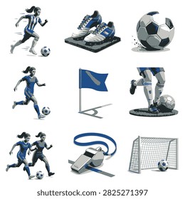 Collection of soccer elements including female players in action, a soccer ball, goal net, cleats, and a whistle.