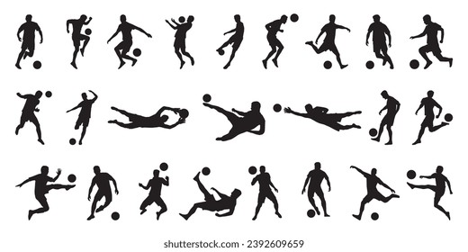 Collection of soccer football player silhouettes, flat vector design, including goalkeeper