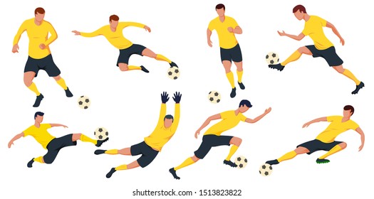 Collection soccer football players. Football team in yellow form. Goalkeeper, forward. Players in different pose. Vector illustration.