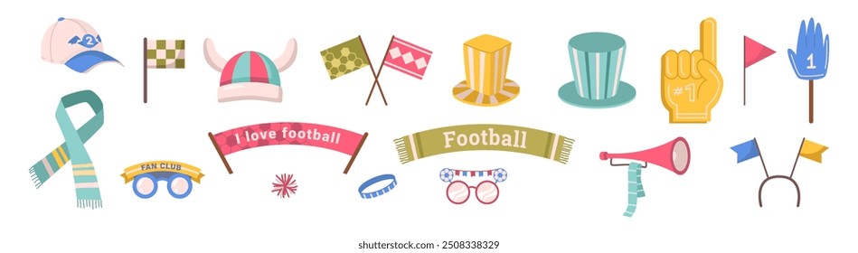 Collection of soccer game sport championship fan elements. Vector competition match attributes. Isolated noise maker and flags, scarves and hats, glasses and bracelets, hands and banner