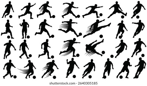 Collection of Soccer Player Silhouettes Demonstrating Skills and Movements on the Field