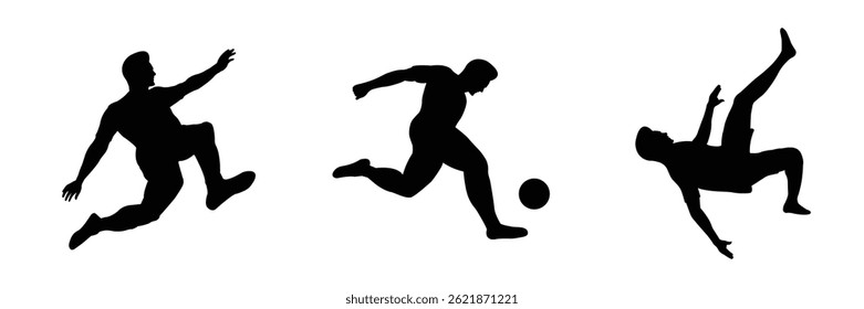 Coleção de silhuetas de jogador de futebol em poses de chute dinâmico, ideal para design esportivo, infográficos e conceitos de movimento.