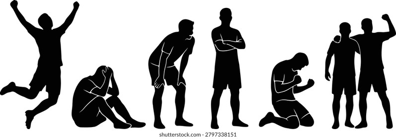 Collection of soccer player silhouettes showing various emotions like joy, sadness, victory, and defeat.