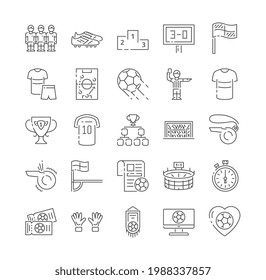 Collection of Soccer Related Line Icons. Stadium, Soccer ball, Goalkeeper, Field, Referee, Championship Cup and others. Editable Stroke. Set of flat vector illustrations isolated on white background