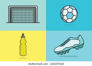 Kollektion von Fußballsportobjekten Vektorgrafik. Goal Net, Fußball Ball, Schuhe, Mineralwasser Flasche Sammlung Symbol Vektordesign. Farbige Sportelemente stellen ein Symbol dar.