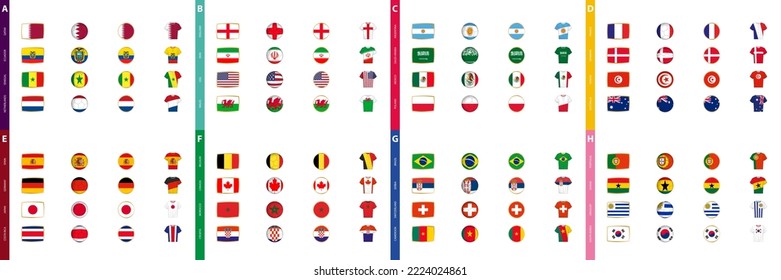 Collection of soccer tournament flags, a large set of flags sorted by football competition group. Vector illustration.