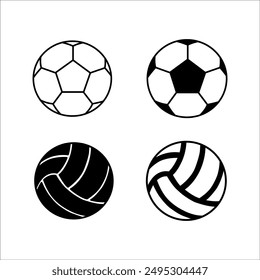 Collection of soccer and volleyball sport game icons. Soccer ball set in black and white.