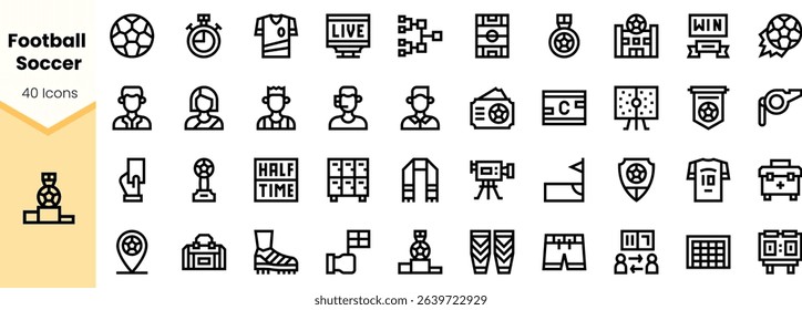 A collection of soccer-themed icons, featuring various elements like players, equipment, and game-related symbols in a sleek, minimalist design.