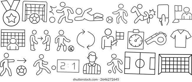 Collection of soccer-themed line icons showing actions, referees, goals, and more. Ideal for sports infographics, apps, and educational or coaching materials.