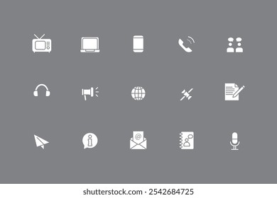 Collection of social communication icons isolated on white. Collection of icons for television, laptop, telephone, message, headset, web, satellite, gmail, microphone, etc. Vector illustration.