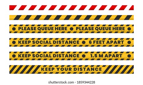 Collection of social distance floor tapes. Warning safety rules for shopping and service during covid-19. Vector illustration of keep distance signs for queue