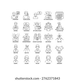 Collection of social interaction and human relationship icons, featuring friendship, agreement, assistance, and cultural diversity, isolated on white background.