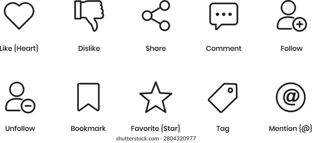 Collection of social media icons representing user interaction like, dislike, share, comment, follow, unfollow, bookmark, favorite, tag, mention.