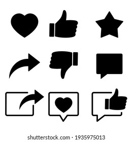 Collection Of Social Media Icons, Symbolizing Social Interaction And Giving Likes, Thumbs Up Buttons. Like Icon, Heart And Share Sign. Vector Isolated On White Background