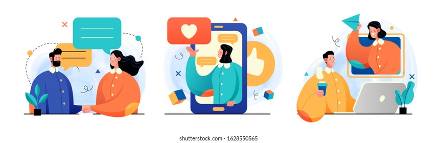 Collection of social media network and digital communication concept illustrations. Perfect for web design, banner, mobile app, landing page. Vector Illustration