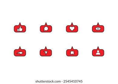 Coleção de notificação de mídia social bolha conjunto de ícones planos. Curtir, comentar, compartilhar, salvar, seguir e visualizar.Ícones são em estilo outlane e vermelho colorido.