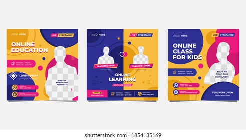 Collection of social media post template for Online Education, Online class program, Courses and other E-Learning. with Memphis style and Purple, Pink, Orange color background