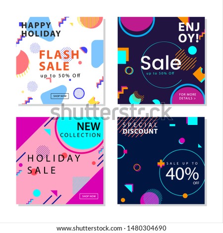 Collection of social media post template with trendy geometric shapes memphis graphic element. For social media post, stories, story, internet web banner