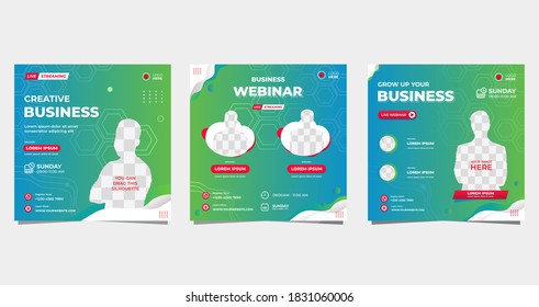 Collection of social media post templates. Vector Geometric background in blue and green color and wave shape, perfect for business webinars, health webinars, online classes and other online seminars