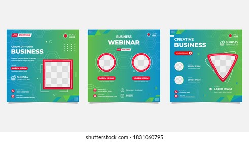 Collection of social media post templates. Geometric background in blue and green color and frame isolated, perfect for business webinars, medic webinars, online classes and other online seminars