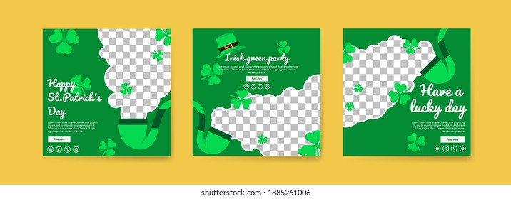 Collection of social media post templates for saint patrick's day. celebrate saint patrick's day. Have a lucky day. Irish green party.