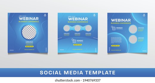 Collection of social media post templates. Vector graphics of gradient blue background, perfect for business webinars