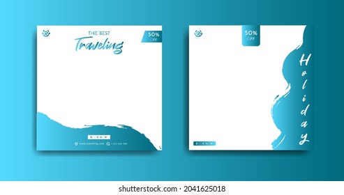 Collection of social media post templates. Sales of web banners for travel advertising. Design with blue gradient color. Instagram post templates.