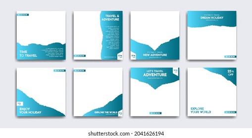 Collection of social media post templates. Sales of web banners for travel advertising. Design with blue gradient color. Instagram post templates.