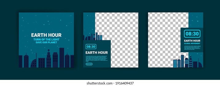 Collection of social media posts for the earth hour. Campaign for climate change awareness by turning off unused lights and electronic equipment for 1 hour.