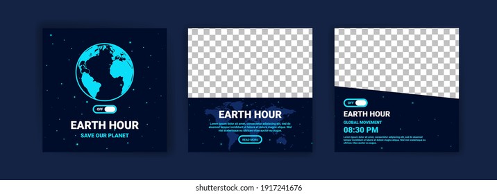 Collection of social media posts for earth hour. Campaigning for climate change awareness by turning off lights and electronic equipment that are not in use for 1 hour. - Shutterstock ID 1917241676