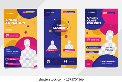 Collection of social media stories post template for Online Education, Online class program, Courses and other E-Learning. with Memphis style and Purple, Pink, Orange color background