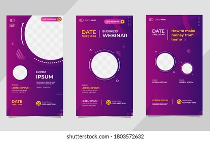 Collection of social media story post templates. Vector graphics of dark purple background, perfect for business webinars