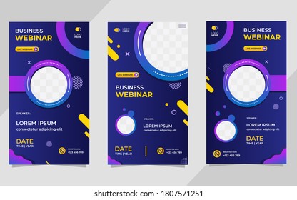 Collection of social media story post templates. Vector graphics of dark blue and purple background, perfect for business webinars