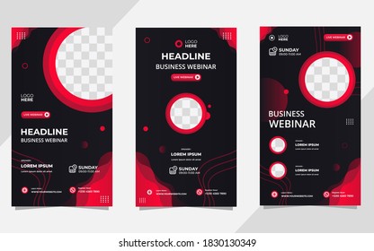 Collection of social media story post templates. Vector graphics of Black and Red background with wave shapes, perfect for business webinars, seminar, online class and other e-learning