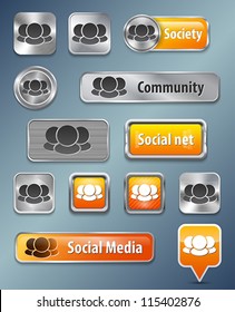 Collection of Social network metallic and glossy elements for web interface. Vector illustration