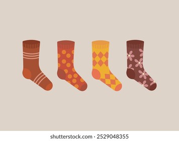 Sammlung von Socken, Wolle, Baumwolle, Herbst, Herbst, einzeln, Illustration, Cartoon