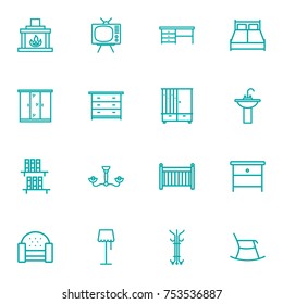 Collection Of Sofa, Drawer Unit, Bookshelf And Other Elements.  Set Of 16 Situation Outline Icons Set. 