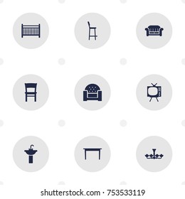 Collection Of Sofa, Luster, Desk And Other Elements.  Set Of 9 Decor Icons Set. 