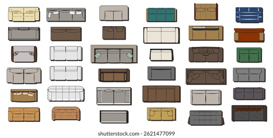Collection of Sofa Top View Illustrations for Interior Design
