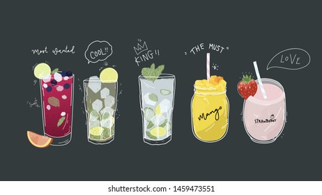 Collection of soft drinks ,healthy detox beverages, cocktails, smoothies with tasty fresh fruits, Banner with doodle style - Vector 