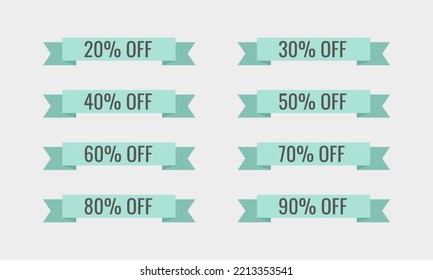 Collection of soft green price tags with discounts in the form of a ribbon