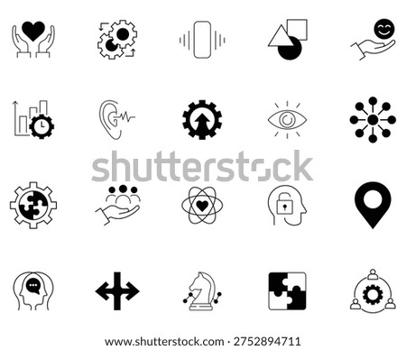 Collection of soft skills icon set. Containing  empathy, assertiveness, cultural, stress relief, flexibility, personality, problem-solving,  communication, humility, prioritization and more. Vector illustration. 