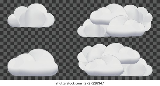 Uma coleção de nuvens suaves e brancas em estilo 3D com texturas suaves e sombras realistas. Esses elementos atmosféricos fofos são perfeitos para ilustrações com temas do céu, aplicativos meteorológicos e projetos gráficos oníricos.