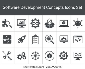 Collection of Software Development Icons. Includes process,
debugging, coding, deployment, and project management symbols.